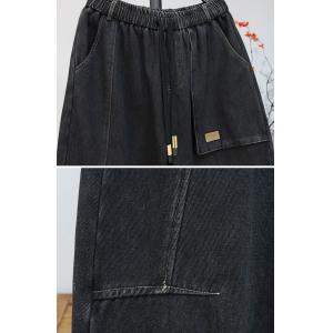 Casual Big Pockets Black Fleeced Carrot Jeans