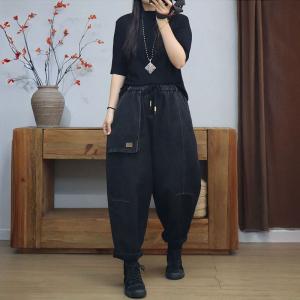 Casual Big Pockets Black Fleeced Carrot Jeans
