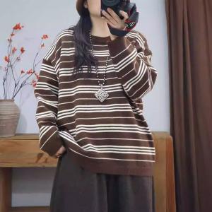 Crew Neck Cotton Knitted Striped Sweatshirt