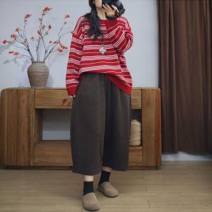 Crew Neck Cotton Knitted Striped Sweatshirt