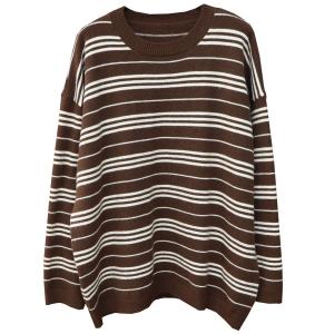Crew Neck Cotton Knitted Striped Sweatshirt