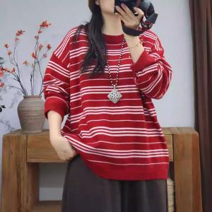 Crew Neck Cotton Knitted Striped Sweatshirt