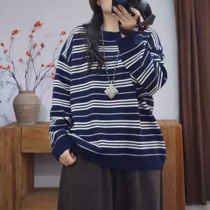 Crew Neck Cotton Knitted Striped Sweatshirt