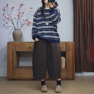 Crew Neck Cotton Knitted Striped Sweatshirt