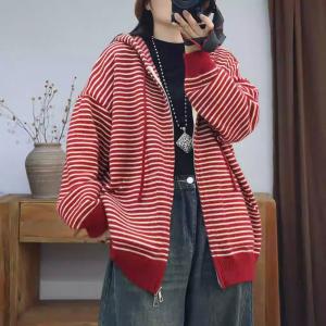 90s Fashion Front Zip Cotton Knitted Hooded Jacket