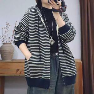 90s Fashion Front Zip Cotton Knitted Hooded Jacket