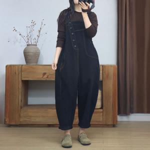 Slanted Buttons Loose Cotton Gardening Overalls