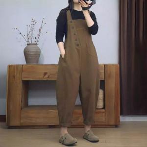 Slanted Buttons Loose Cotton Gardening Overalls