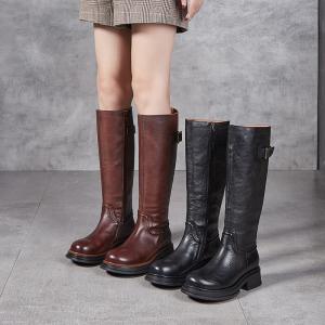 Chunky Heels Cowhide Leather Classic Calf Boots