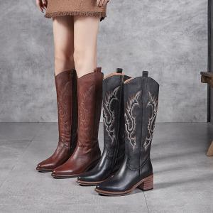 British Style Pointed Toe High Embroidery Cowboy Boots