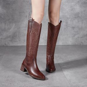 British Style Pointed Toe High Embroidery Cowboy Boots