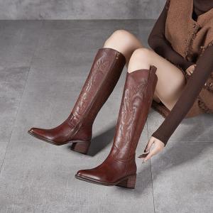 British Style Pointed Toe High Embroidery Cowboy Boots