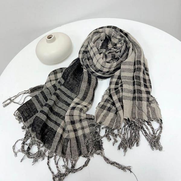 Cotton Linen Classic Fringed Gingham Scarf