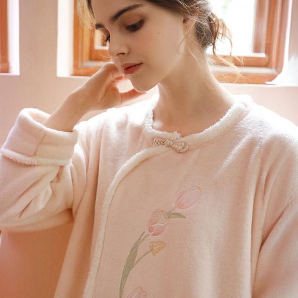 Pankou and Tulip Embroidery Pink Flannel Night Dress