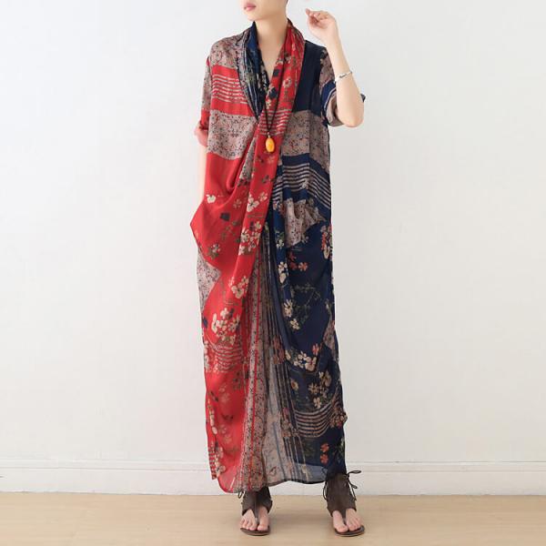 Red and Blue Printed Mulberry Silk Front Cross Dress