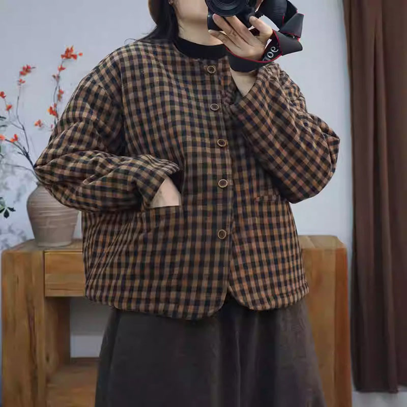 Elegant 100% Cotton Long Sleeve Round Neck Plaid Red Blue Dark Coffee comfy lazy day gypsy oversized slouchy 90s