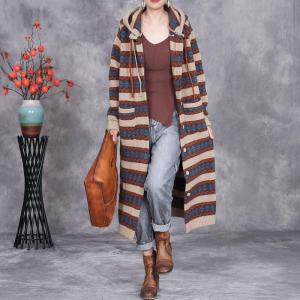 Contrast Colored Striped Long Hooded Coatigan