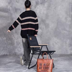 Senior Women V-Neck Oversized Striped Cardigan