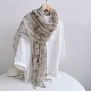 Flowers Printed Tassel Linen Boho Scarf