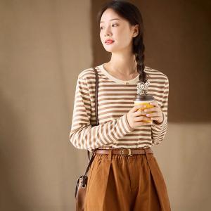 Long Sleeves Crew Neck Cotton Striped T-shirt