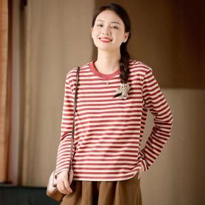Long Sleeves Crew Neck Cotton Striped T-shirt