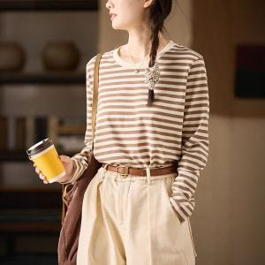 Long Sleeves Crew Neck Cotton Striped T-shirt