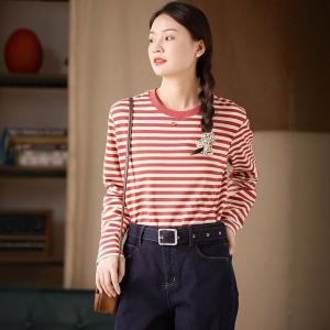 Long Sleeves Crew Neck Cotton Striped T-shirt