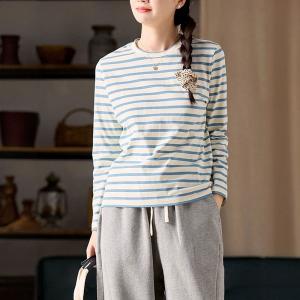 Blue Striped Long Sleeves Casual T-shirt