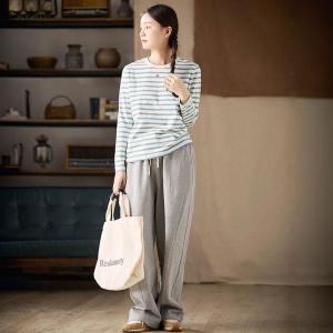 Blue Striped Long Sleeves Casual T-shirt