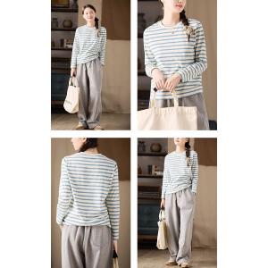 Blue Striped Long Sleeves Casual T-shirt