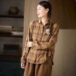 Preppy Style Yellow Gingham Shirt for Women