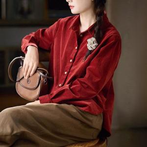 Wine Red Polo Neck Corduroy Ladies Shirt