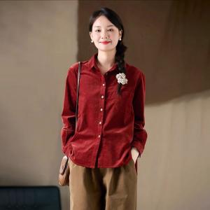 Wine Red Polo Neck Corduroy Ladies Shirt