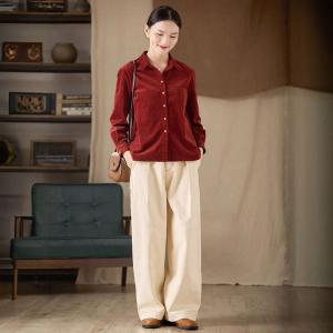 Wine Red Polo Neck Corduroy Ladies Shirt