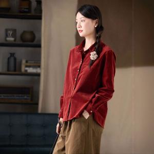 Wine Red Polo Neck Corduroy Ladies Shirt