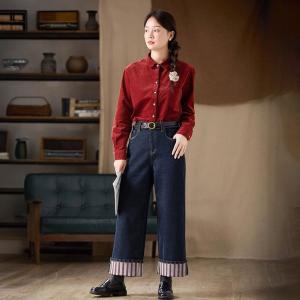 Wine Red Polo Neck Corduroy Ladies Shirt