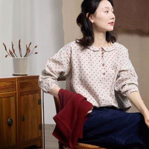 Red Polka Dots Linen Peasant Blouse