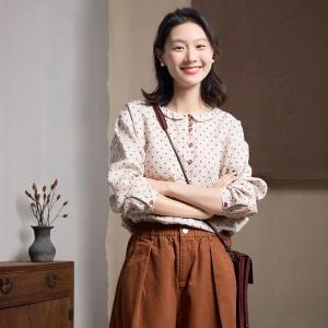Red Polka Dots Linen Peasant Blouse