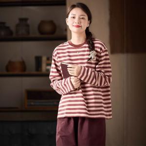 Cartoon Cat Patchwork Striped Lazy Day Tee