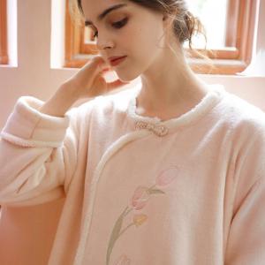 Pankou and Tulip Embroidery Pink Flannel Night Dress