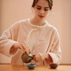 Pankou and Tulip Embroidery Pink Flannel Night Dress