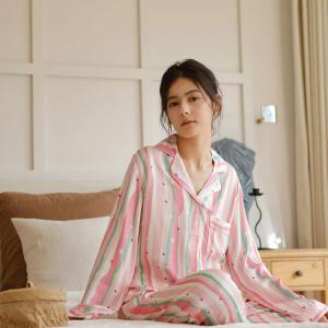 Colorful Striped Silky Pink Long Pajamas Sets