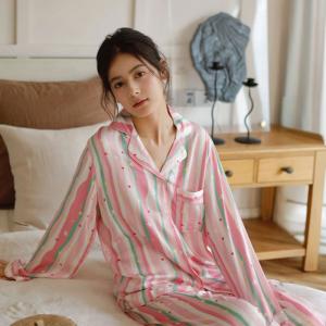 Colorful Striped Silky Pink Long Pajamas Sets