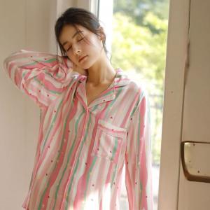 Colorful Striped Silky Pink Long Pajamas Sets