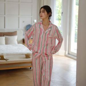 Colorful Striped Silky Pink Long Pajamas Sets