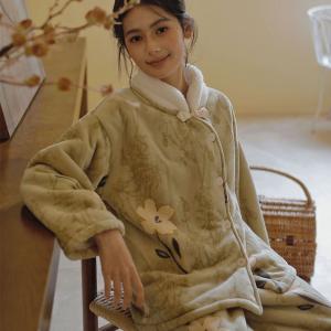 Cheongsam Collar Winter Fleeced Elegant Nightgowns Sets