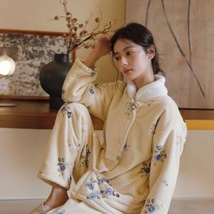 Cheongsam Collar Winter Fleeced Elegant Nightgowns Sets
