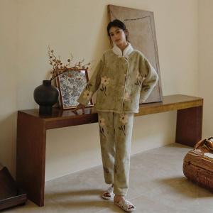 Cheongsam Collar Winter Fleeced Elegant Nightgowns Sets
