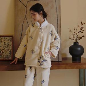 Cheongsam Collar Winter Fleeced Elegant Nightgowns Sets