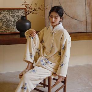 Cheongsam Collar Winter Fleeced Elegant Nightgowns Sets